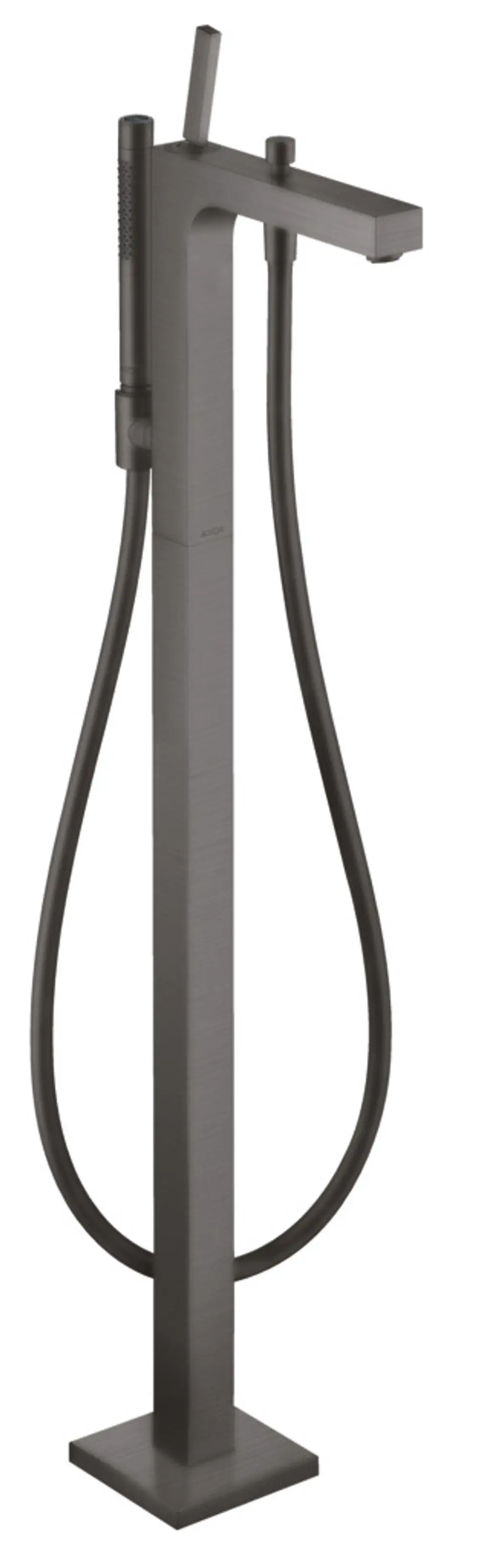 Bodenstehender Einhebel-Wannenmischer von AXOR in Brushed Black Chrome, mit einem langem Griff und einem flexiblen Schlauch für vielseitige Anwendungsmöglichkeiten.
